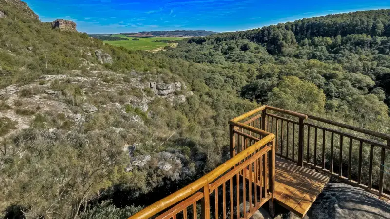 Mirante de observação com corrimão de madeira com vista para a paisagem montanhosa e campos da região.