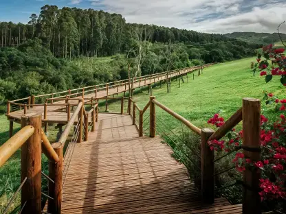 Passarela suspensa de madeira (Trilha do Favo) no Parque Buraco do Padre, atravessando a vegetação verde do vale.