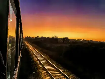Lateral do Trem de Morretes e trilhos dourados refletindo o pôr do sol roxo e laranja.
