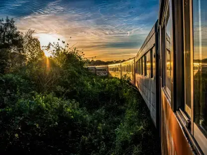 Trem de Morretes fazendo curva na mata fechada com forte luz do pôr do sol entre árvores.