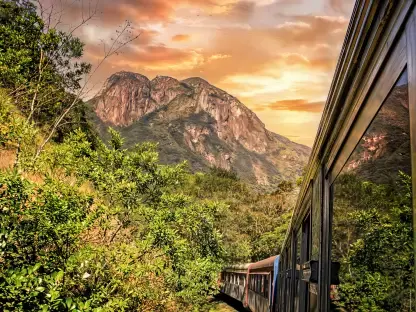 Vista do Trem de Morretes passando pela serra com uma grande montanha rochosa ao pôr do sol.