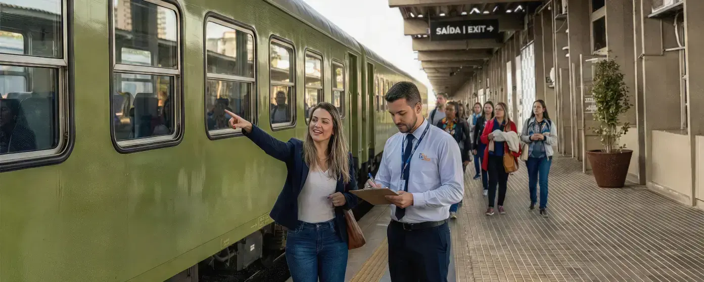 Trem da Serra do Mar parado na plataforma da Rodoferroviária de Curitiba pronto para o embarque de turistas rumo a Morretes.